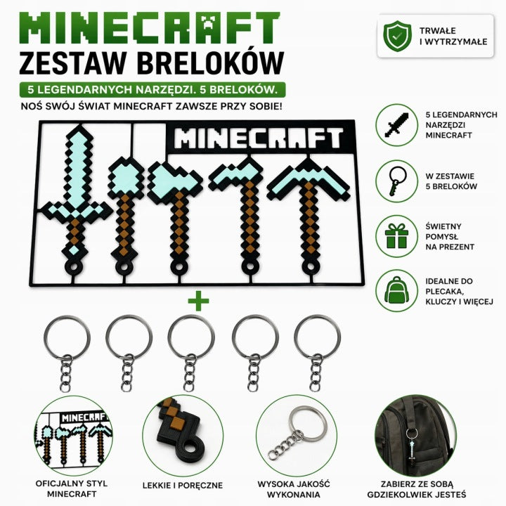 Minecraft Keychain Set of 5 Tools Sword Pickaxe Shovel Gift